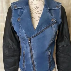Kendall and Kylie Denim Jacket with Leather Sleeves.